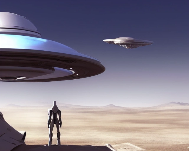 14140-4249926556-A futuristic figure viewing a landing spaceship on a barren landscape, artstation trending, realistic, sci-fi.webp